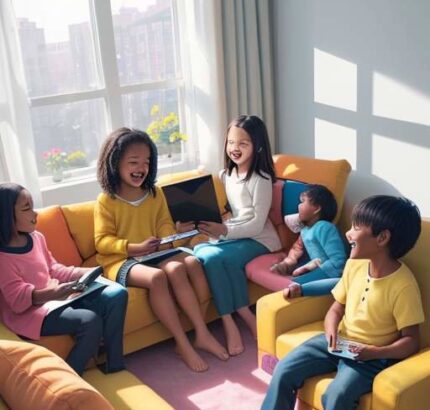 A diverse group of children laughing and playing educational games on tablets while sitting together on a cozy sofa in a sunlit modern living room.