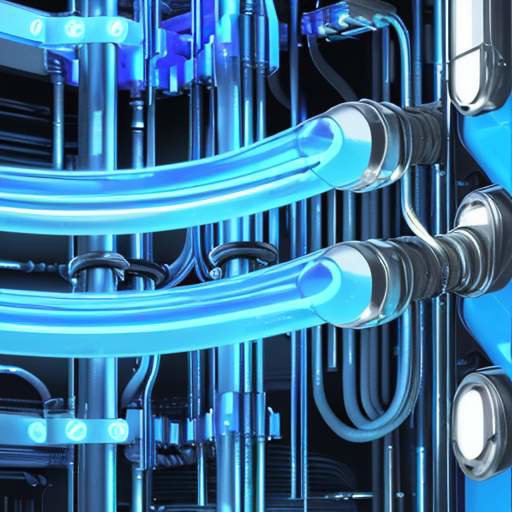 Close-up of a high-tech industrial liquid cooling system featuring transparent pipes with glowing blue coolant and metallic components to manage heat in data centers.