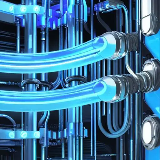 Close-up of a high-tech industrial liquid cooling system featuring transparent pipes with glowing blue coolant and metallic components to manage heat in data centers.
