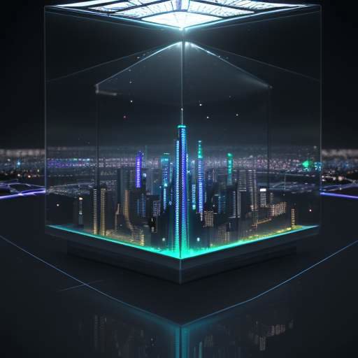 A glowing 3D digital city inside a glass cube, featuring interconnected servers and flowing data lines to represent cloud infrastructure monitoring.