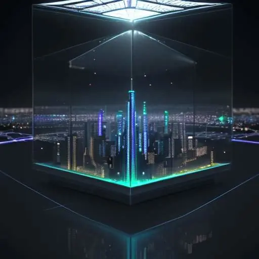 A glowing 3D digital city inside a glass cube, featuring interconnected servers and flowing data lines to represent cloud infrastructure monitoring.