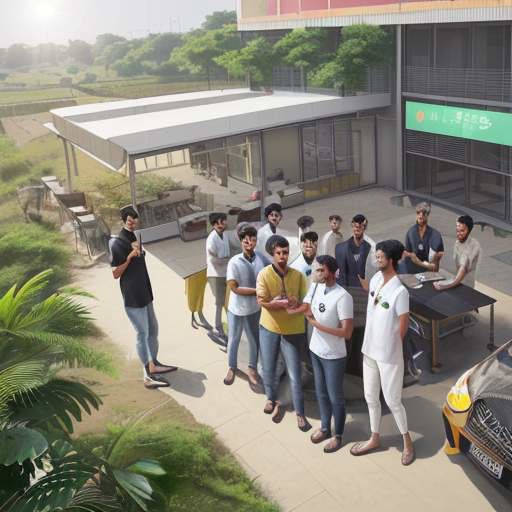 Diverse engineers collaborate around holographic models in Gujarat AI park’s sunlit co‑working space, with carbon‑intensity dashboards, solar‑powered chargers, and views of expansive solar farms.