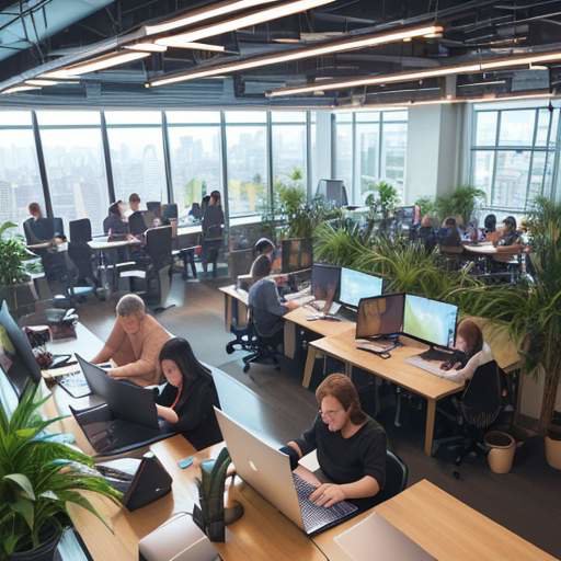 Diverse professionals collaborating in a modern, vibrant coworking space with large city views and warm lighting.
