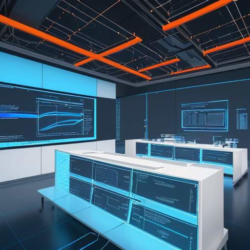 Diverse scientists working in a modern, high-tech laboratory with large glass screens displaying glowing neural network diagrams and data visualizations.
