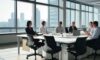A diverse team of professionals laughing and collaborating during a creative brainstorming session around a large glass table in a modern, sun-lit corporate office.