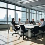 A diverse team of professionals laughing and collaborating during a creative brainstorming session around a large glass table in a modern, sun-lit corporate office.