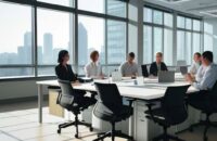 A diverse team of professionals laughing and collaborating during a creative brainstorming session around a large glass table in a modern, sun-lit corporate office.