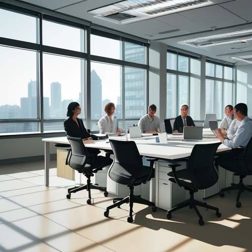 A diverse team of professionals laughing and collaborating during a creative brainstorming session around a large glass table in a modern, sun-lit corporate office.
