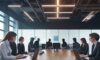 A diverse team of professionals collaborates in a modern office, working together around a large wooden table with holographic icons representing integrated business departments.