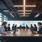 A diverse team of professionals collaborates in a modern office, working together around a large wooden table with holographic icons representing integrated business departments.