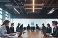 A diverse team of professionals collaborates in a modern office, working together around a large wooden table with holographic icons representing integrated business departments.