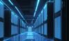 Endless data center corridor lined with glowing GPU racks under blue neon light, symbolizing the vast physical infrastructure powering AI's capital-intensive growth