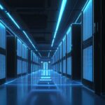 Endless data center corridor lined with glowing GPU racks under blue neon light, symbolizing the vast physical infrastructure powering AI's capital-intensive growth