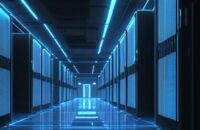 Endless data center corridor lined with glowing GPU racks under blue neon light, symbolizing the vast physical infrastructure powering AI's capital-intensive growth