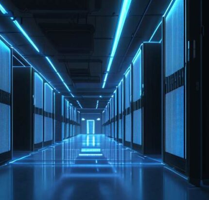 Endless data center corridor lined with glowing GPU racks under blue neon light, symbolizing the vast physical infrastructure powering AI's capital-intensive growth
