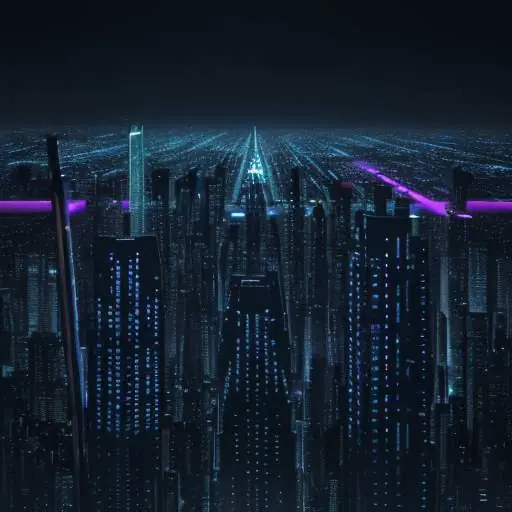 A futuristic city skyline at night with glowing glass buildings and a translucent digital network overlay, symbolizing a connected global data infrastructure.