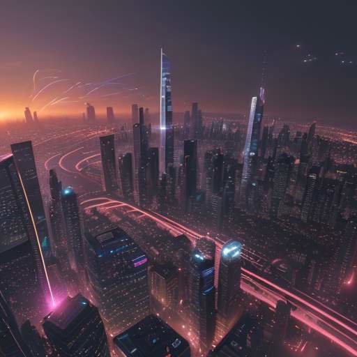 A cinematic wide shot of a futuristic city skyline at sunset, featuring glowing holographic data streams connecting buildings like a web of light in shades of orange and purple.