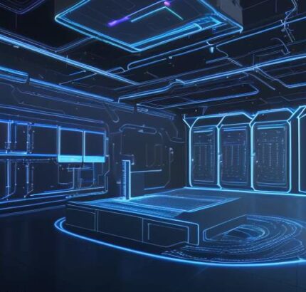 A cinematic, high-tech data center featuring glowing fiber optic cables and a holographic interface showing a digital stream connecting cloud storage and folder icons.