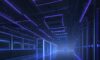 A cinematic, high-tech data center with rows of server racks illuminated by blue and purple neon lights and glowing fiber optic cables.