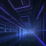 A cinematic, high-tech data center with rows of server racks illuminated by blue and purple neon lights and glowing fiber optic cables.