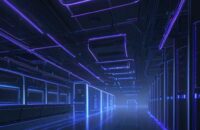 A cinematic, high-tech data center with rows of server racks illuminated by blue and purple neon lights and glowing fiber optic cables.
