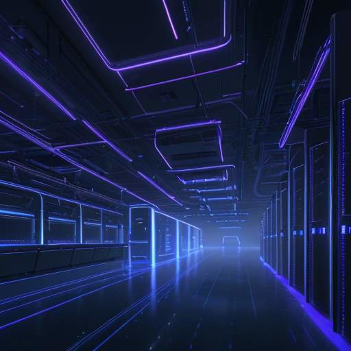 A cinematic, high-tech data center with rows of server racks illuminated by blue and purple neon lights and glowing fiber optic cables.