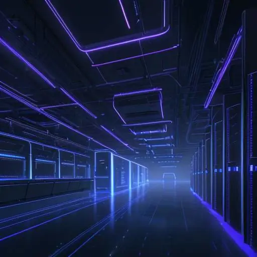 A cinematic, high-tech data center with rows of server racks illuminated by blue and purple neon lights and glowing fiber optic cables.