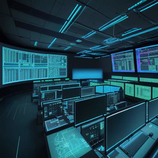 A futuristic, high-tech security operations center with a wall of monitors displaying glowing data streams and maps under cool blue lighting, featuring a server rack with green LEDs in the foreground.