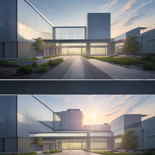 Futuristic trusted-foundry campus at sunrise with glass buildings, solar arrays, autonomous drones delivering wafer cassettes, and green landscaping in golden light