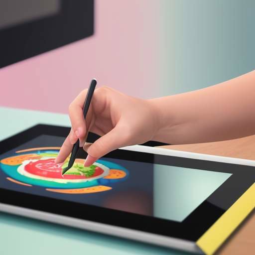 A close-up of a young girl's hands interacting with a colorful cooking game on a tablet, featuring 3D rendered vegetables and a vibrant kitchen background.