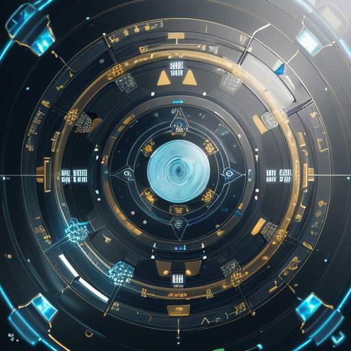 A large, glowing gear made of glass and gold spinning in a laboratory, containing small icons representing cloud services.