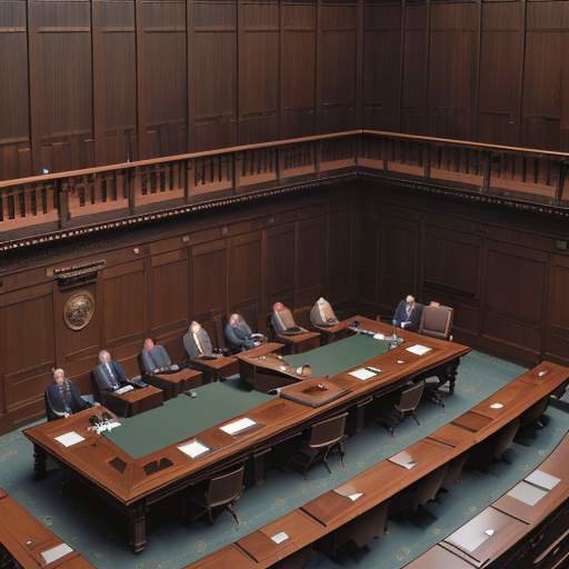 High-angle view of a congressional hearing: lawmakers and tech executives at a long wooden table, large screens display supply-chain maps, glowing microphones, serious expressions under cinematic lighting.