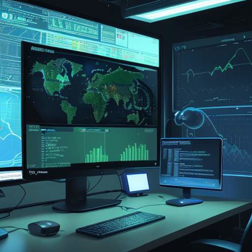 A high-tech security dashboard on a curved monitor displaying 3D global data maps, glowing green connection icons, and scrolling code in a dimly lit room.