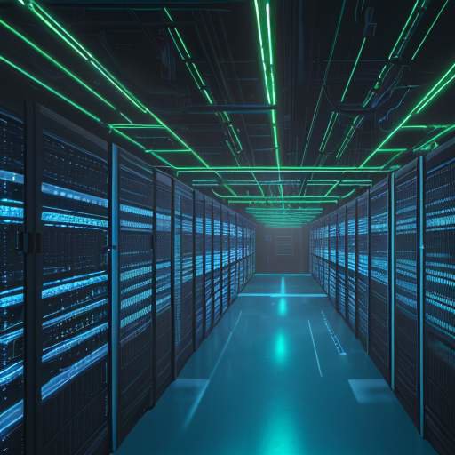 A high-tech server room with rows of server racks featuring glowing blue and green LED lights and intricate wiring.