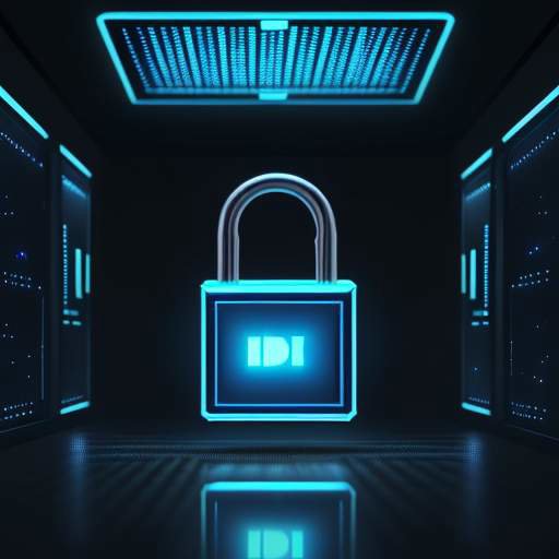 A glowing blue holographic padlock floating in front of a data server wall, symbolizing advanced cybersecurity and data protection.