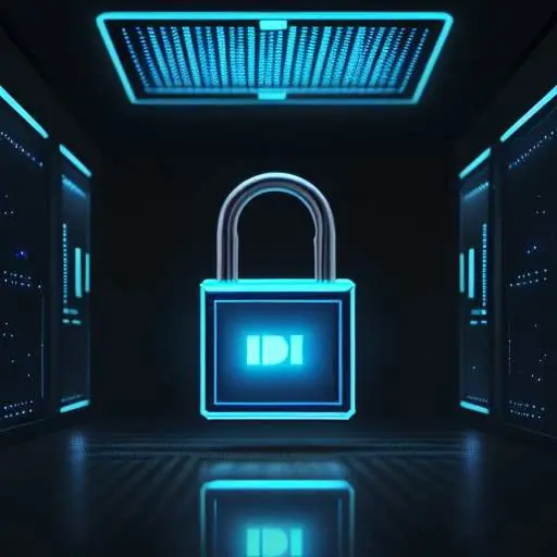 A glowing blue holographic padlock floating in front of a data server wall, symbolizing advanced cybersecurity and data protection.