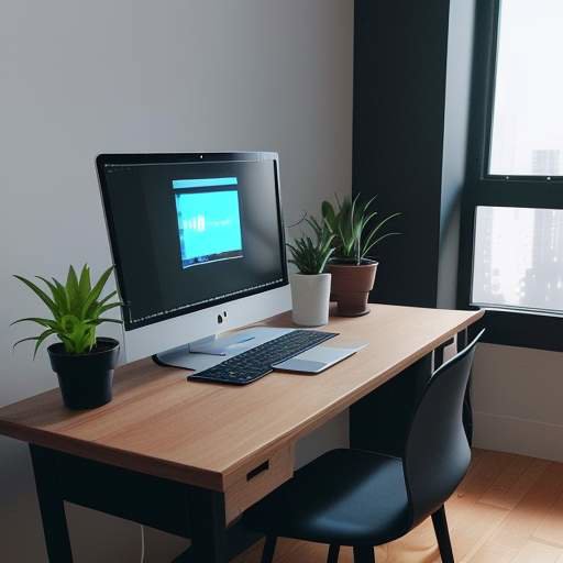 Home office setup with a sleek black NAS device connected via Ethernet cable to a laptop on a wooden desk, with soft natural window light, coffee, and a small plant nearby.