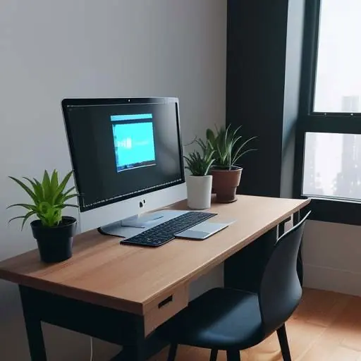 Home office setup with a sleek black NAS device connected via Ethernet cable to a laptop on a wooden desk, with soft natural window light, coffee, and a small plant nearby.