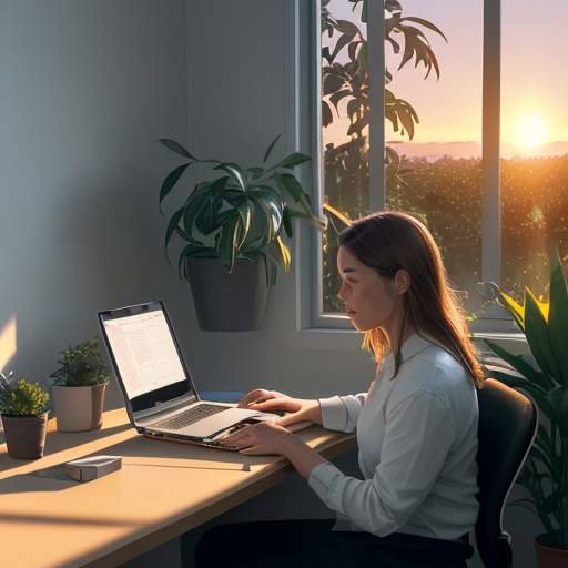 Modern minimalist home office at golden hour with a person working on a laptop near a large window, a glowing cloud icon on screen, plants in the background, and warm sunset lighting creating a peaceful, secure atmosphere.