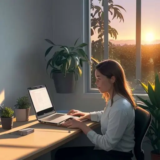 Modern minimalist home office at golden hour with a person working on a laptop near a large window, a glowing cloud icon on screen, plants in the background, and warm sunset lighting creating a peaceful, secure atmosphere.