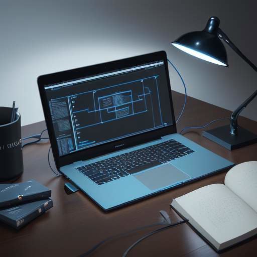 A sleek laptop displaying a glowing automation workflow diagram next to a coffee cup and notebook in a modern, dimly lit office.
