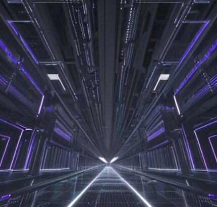 Modern data center interior with rows of illuminated server racks, blue LED lighting reflecting on polished concrete floors, and liquid cooling systems visible