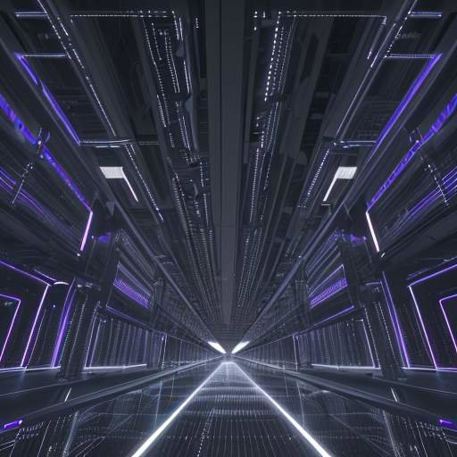 Modern data center interior with rows of illuminated server racks, blue LED lighting reflecting on polished concrete floors, and liquid cooling systems visible