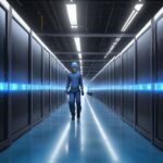 Modern data center interior with rows of glowing server racks, blue LED status lights reflecting on a polished concrete floor, and a technician walking down the central aisle carrying a tablet.