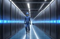 Modern data center interior with rows of glowing server racks, blue LED status lights reflecting on a polished concrete floor, and a technician walking down the central aisle carrying a tablet.
