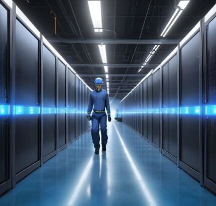 Modern data center interior with rows of glowing server racks, blue LED status lights reflecting on a polished concrete floor, and a technician walking down the central aisle carrying a tablet.