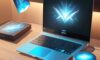 A sleek laptop on a wooden desk in a modern home office, with a holographic overlay of digital folders floating into a cloud to represent cloud storage.