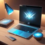A sleek laptop on a wooden desk in a modern home office, with a holographic overlay of digital folders floating into a cloud to represent cloud storage.