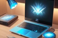 A sleek laptop on a wooden desk in a modern home office, with a holographic overlay of digital folders floating into a cloud to represent cloud storage.