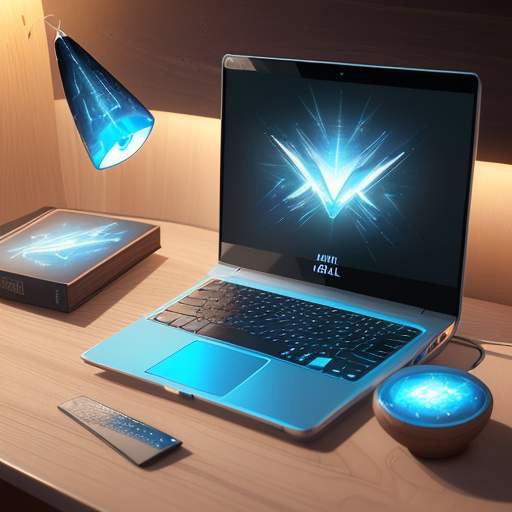 A sleek laptop on a wooden desk in a modern home office, with a holographic overlay of digital folders floating into a cloud to represent cloud storage.
